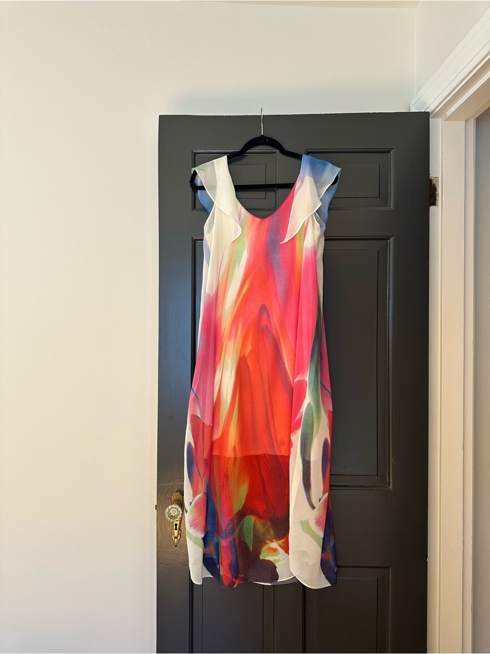 Radzoli Watercolor Floral Chiffon Maxi Dress Ruffle Sleeve Medium